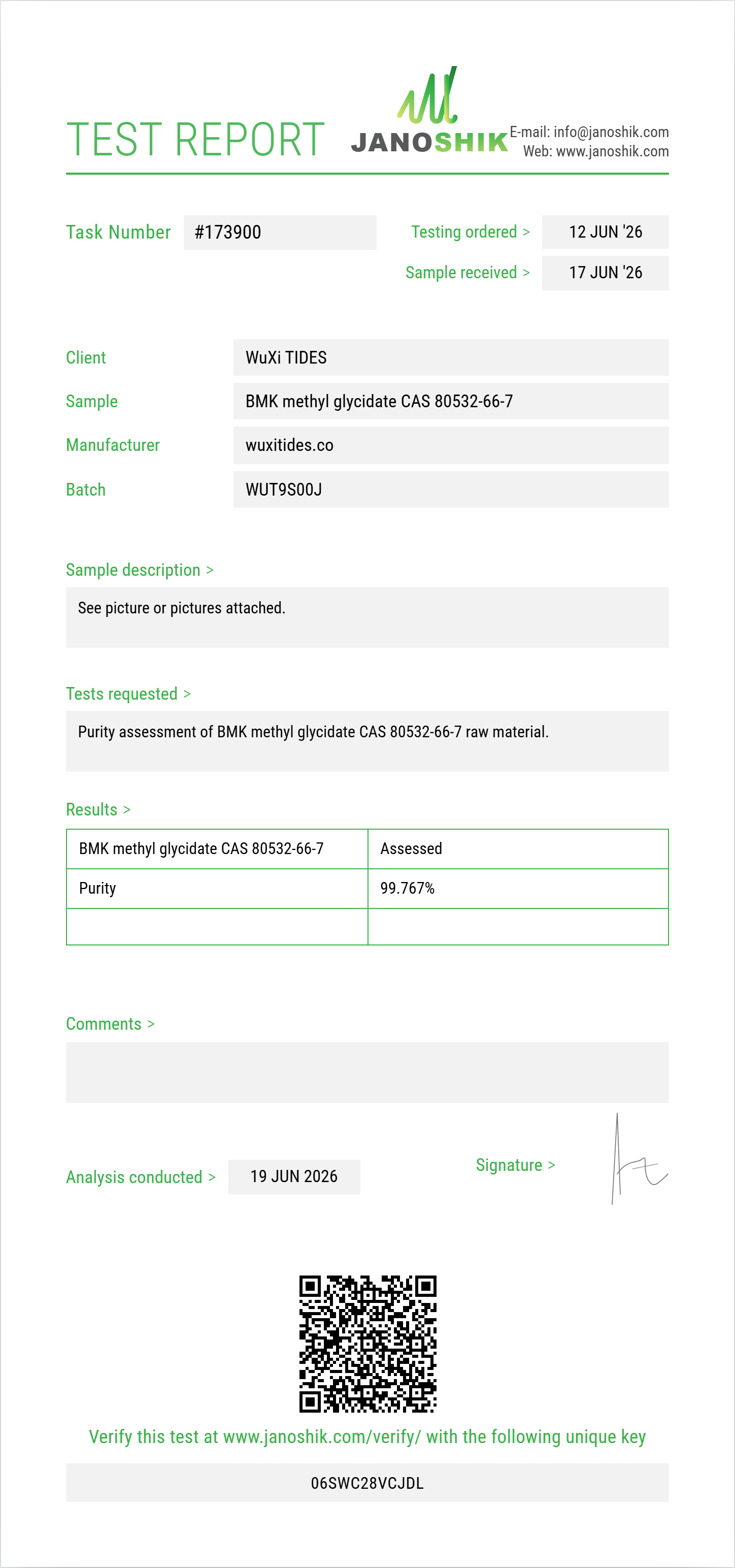 BMK methyl glycidate CAS 80532-66-7 Purity (HPLC) report by Janoshik Analytical