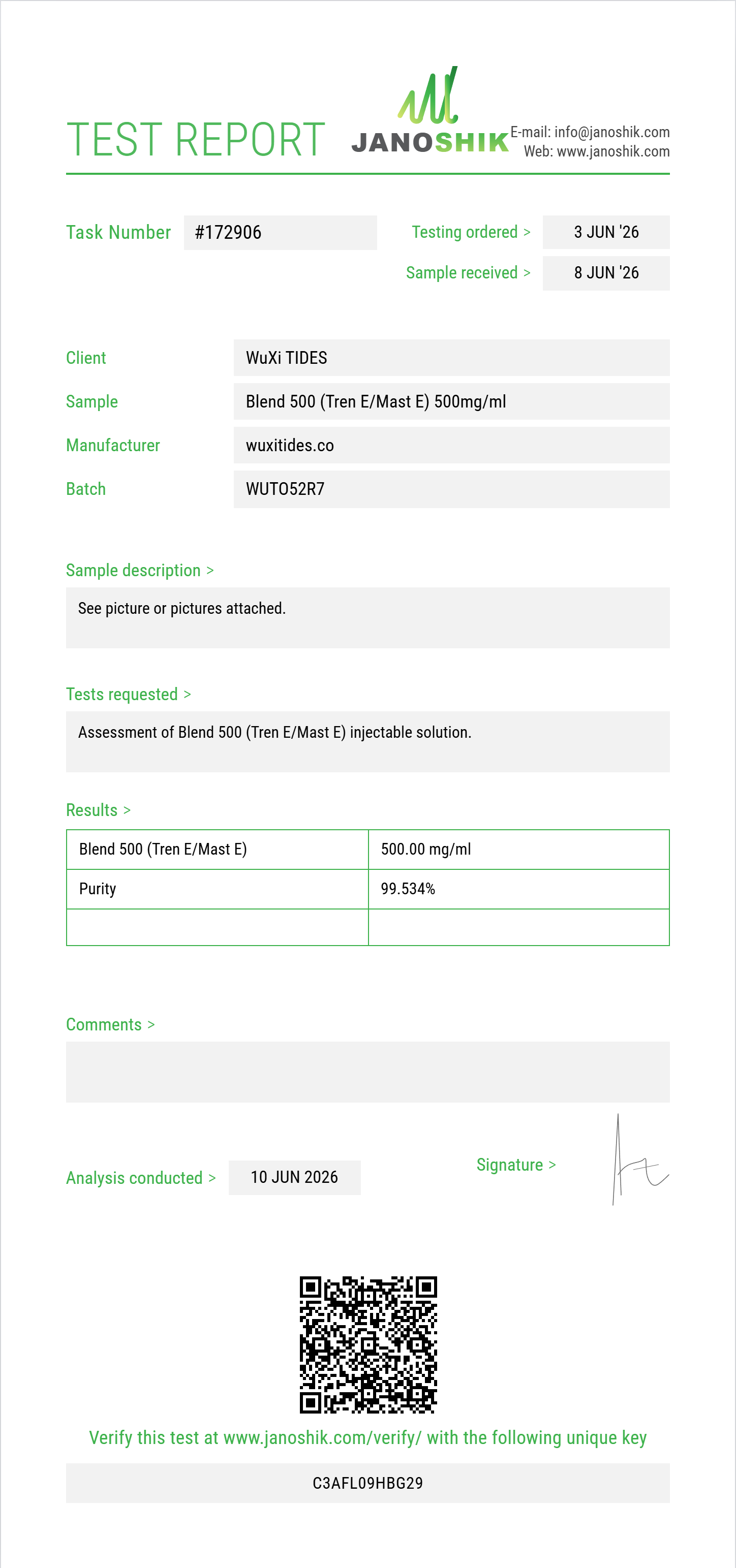 Blend 500 (Tren E/Mast E) Purity (HPLC) report by Janoshik Analytical