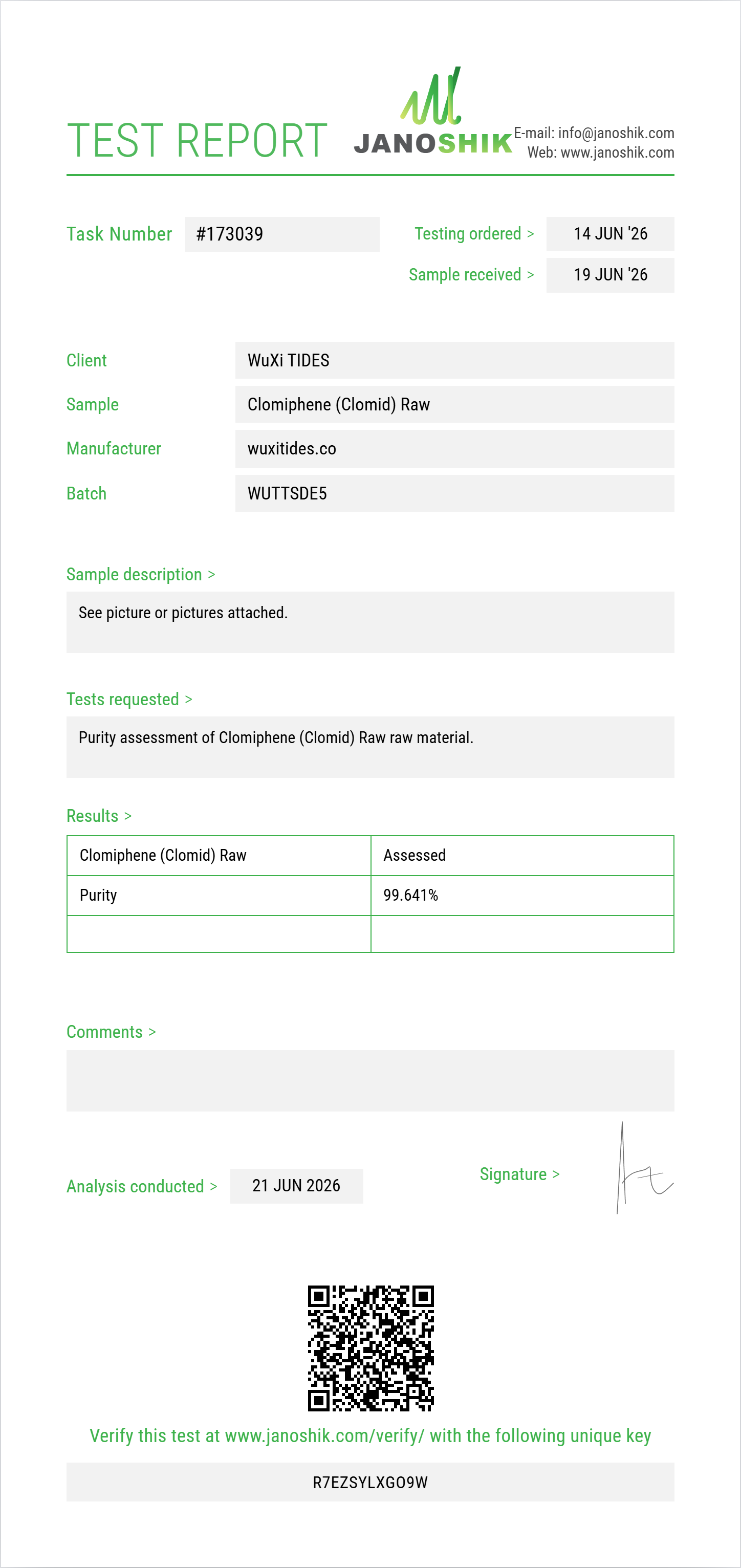 Clomiphene (Clomid) Raw Purity (HPLC) report by Janoshik Analytical