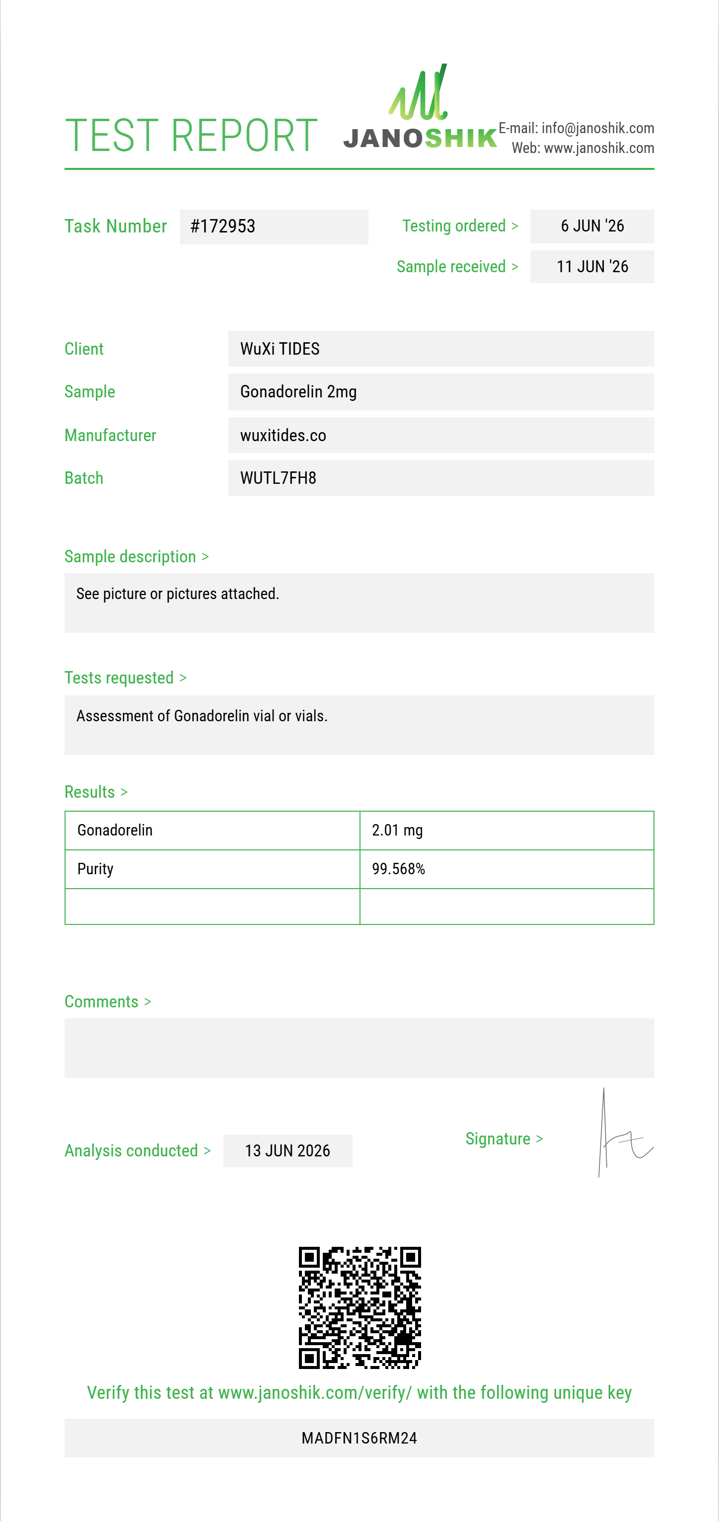 Gonadorelin Purity (HPLC) report by Janoshik Analytical