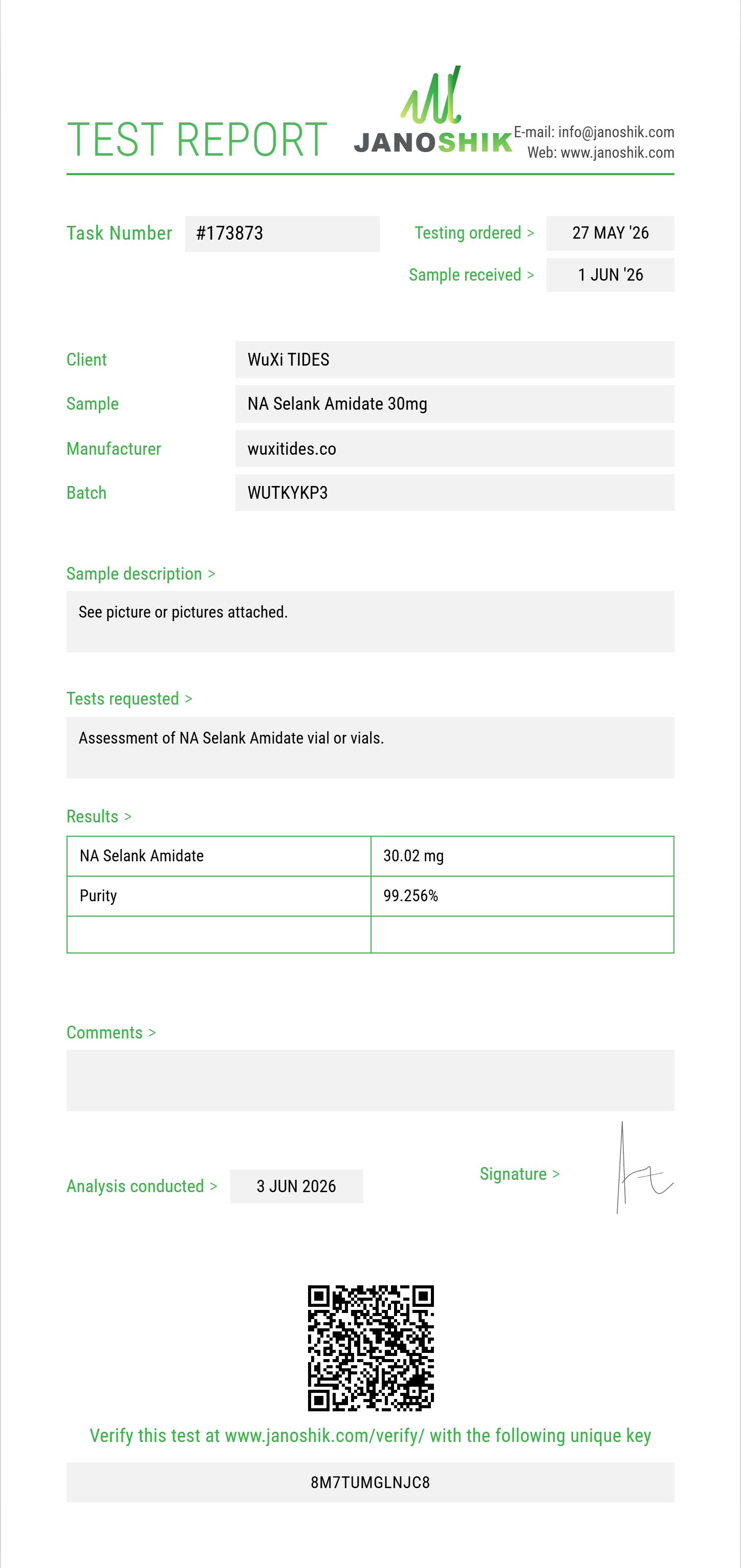 NA Selank Amidate Purity (HPLC) report by Janoshik Analytical