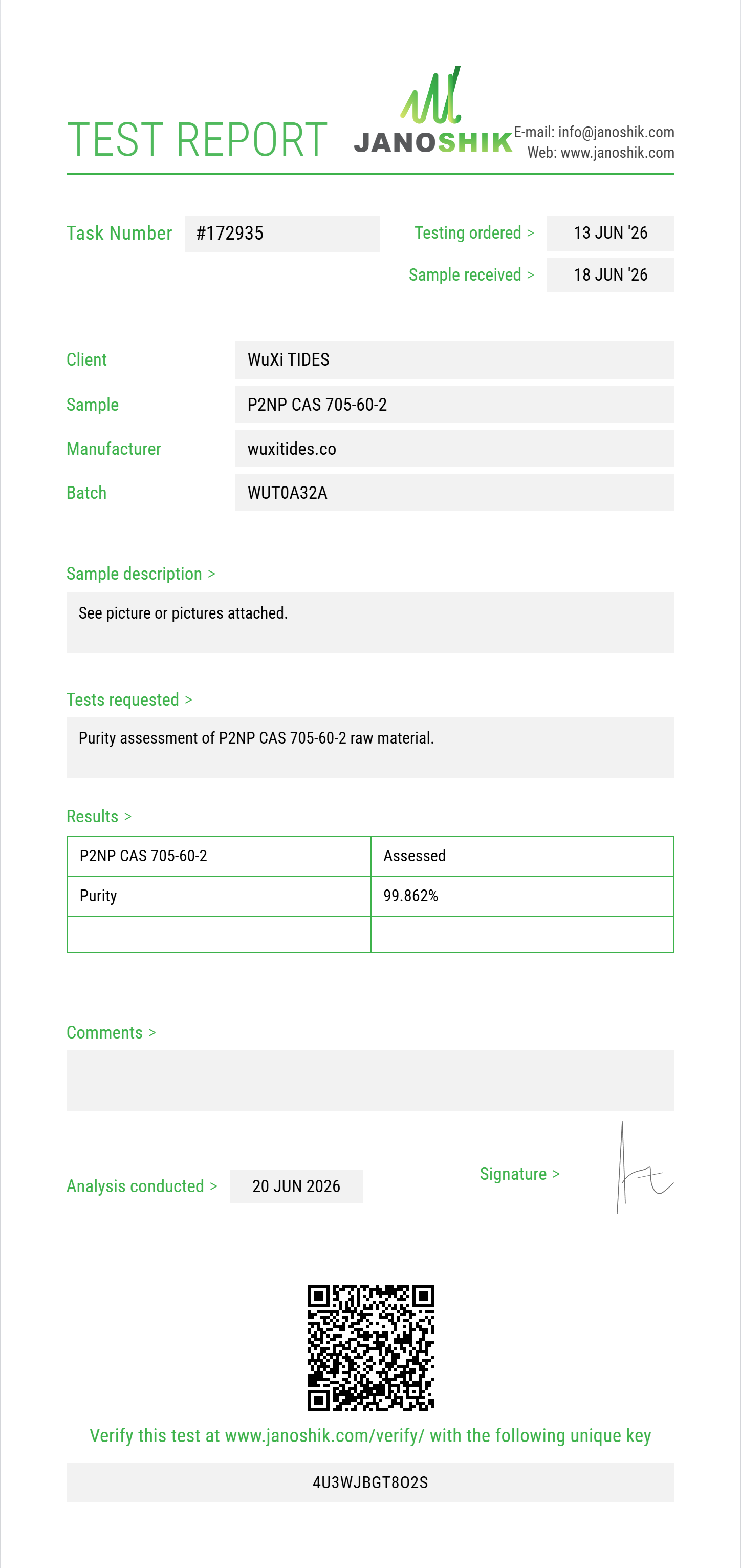 P2NP (1-phenyl-2-nitropropene) CAS 705-60-2 Purity (HPLC) report by Janoshik Analytical