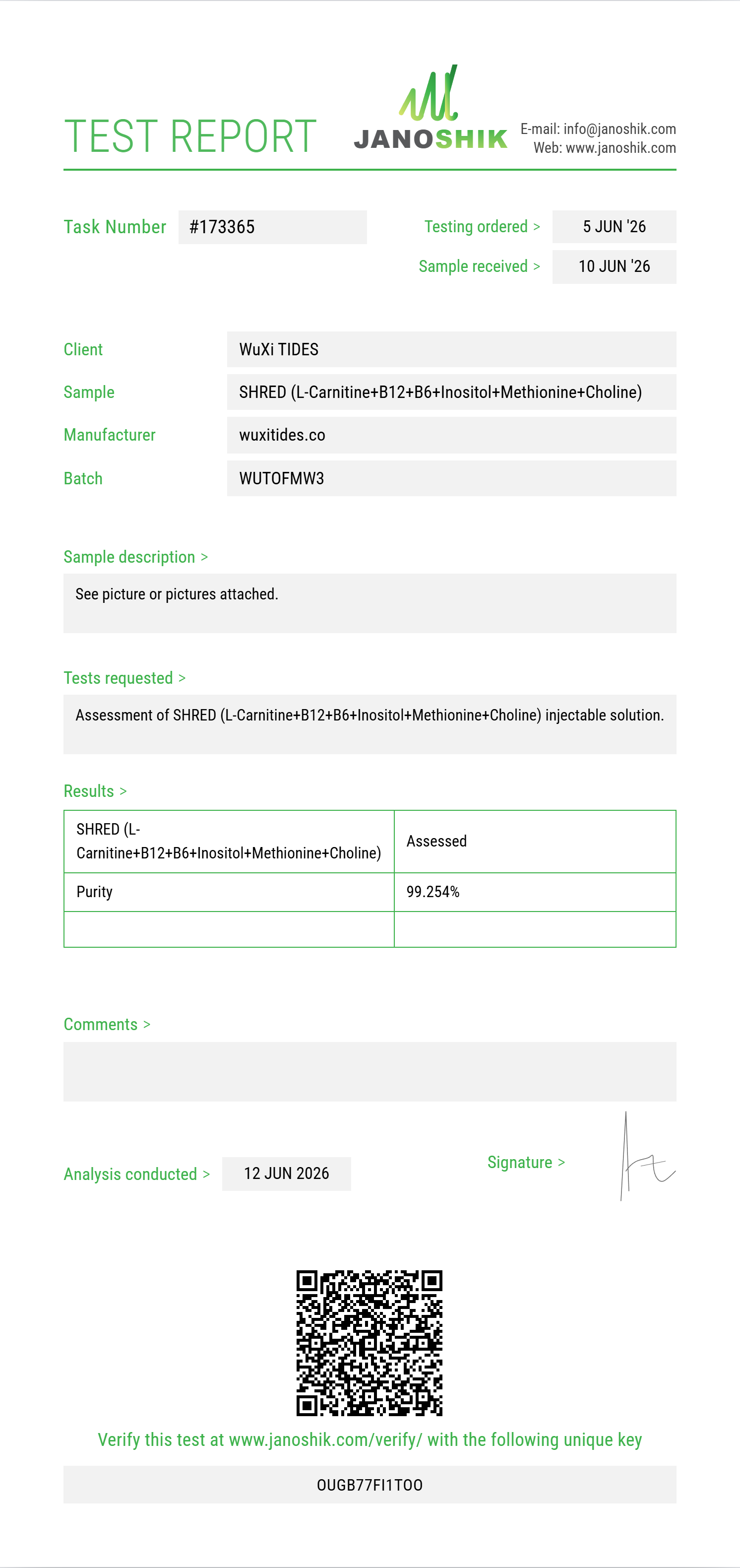 SHRED (L-Carnitine 200mg+B12+B6+Inositol+Methionine+Choline) Purity (HPLC) report by Janoshik Analytical