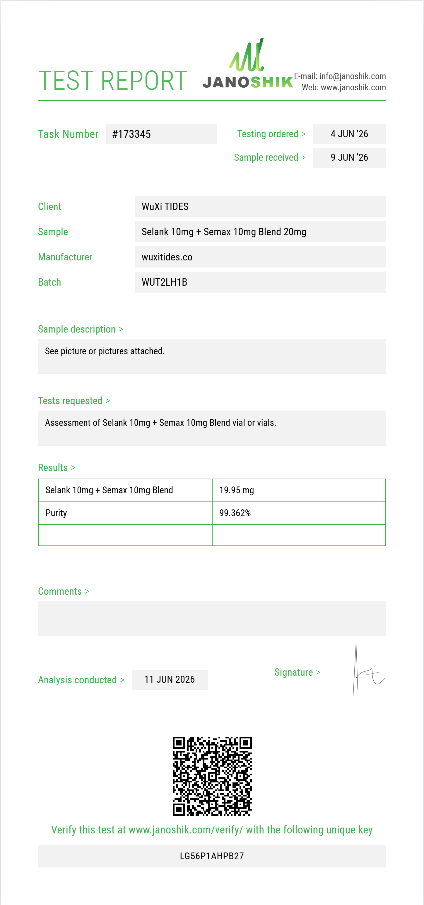 Selank 10mg + Semax 10mg Blend Purity (HPLC) report by Janoshik Analytical