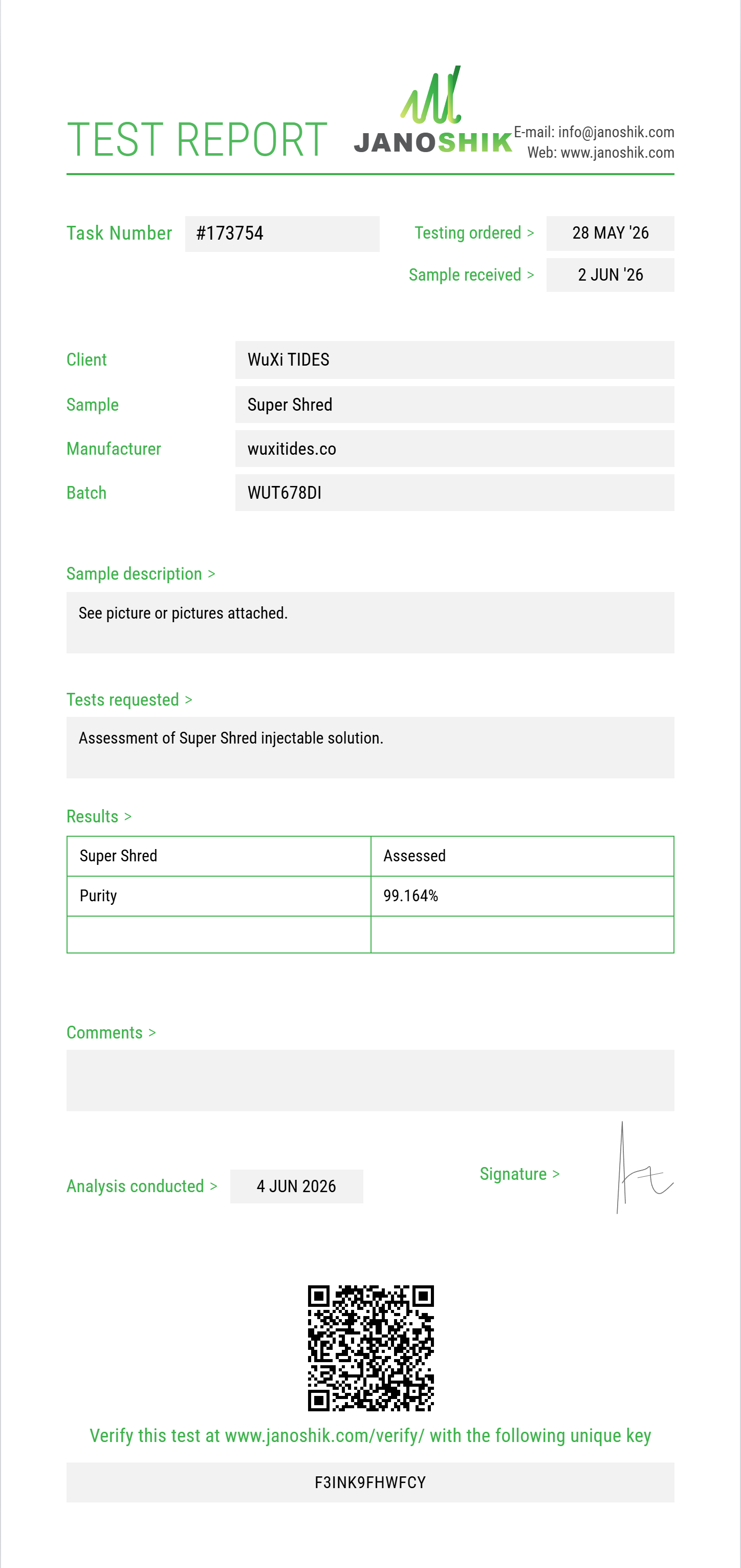 Super Shred Purity (HPLC) report by Janoshik Analytical