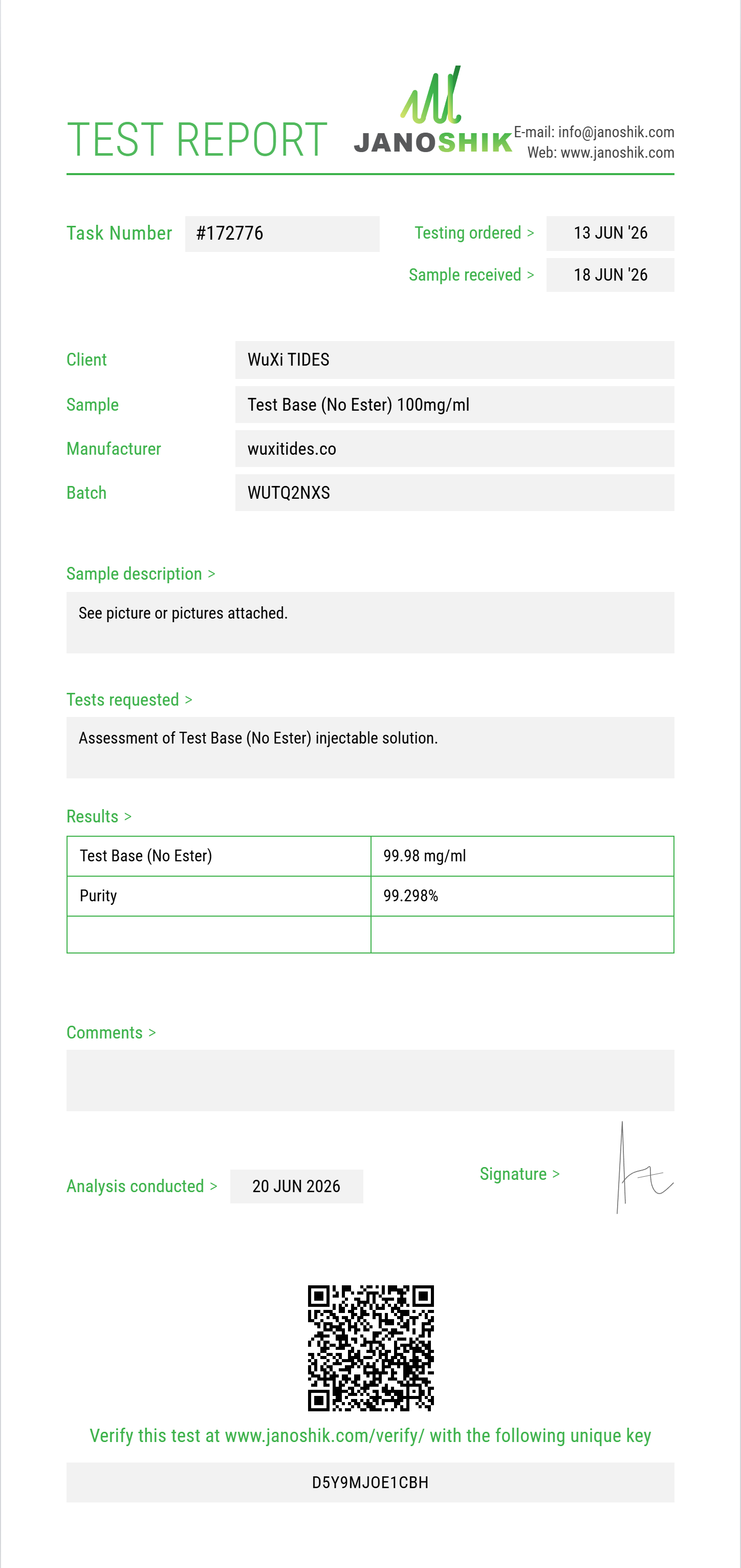 Test Base (No Ester) Purity (HPLC) report by Janoshik Analytical