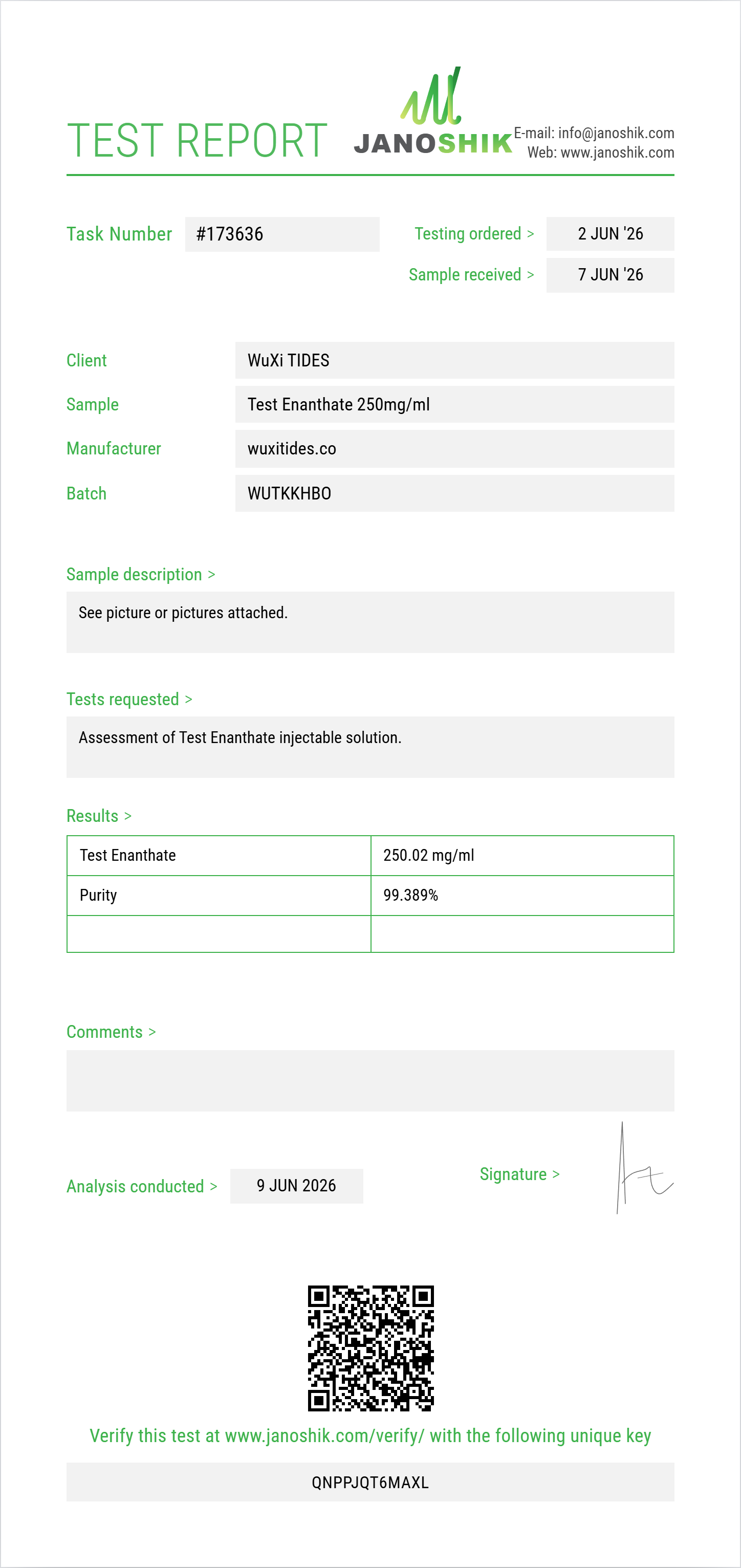 Test Enanthate Purity (HPLC) report by Janoshik Analytical