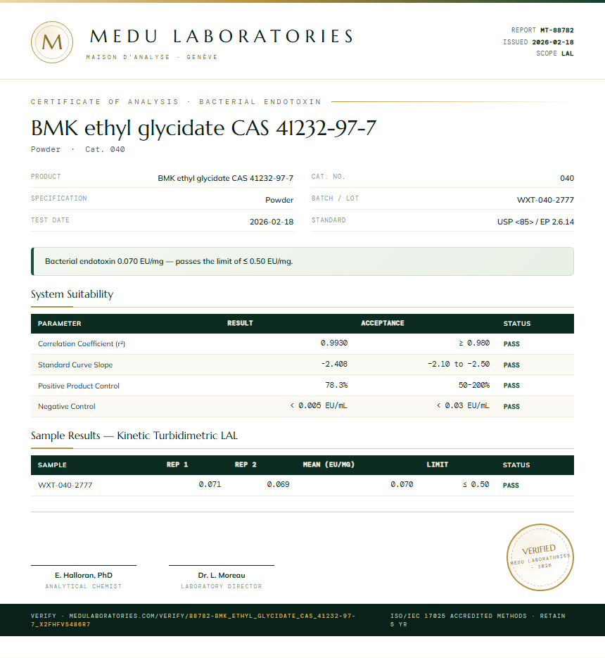 BMK ethyl glycidate CAS 41232-97-7 Endotoxin report by Medu Laboratories