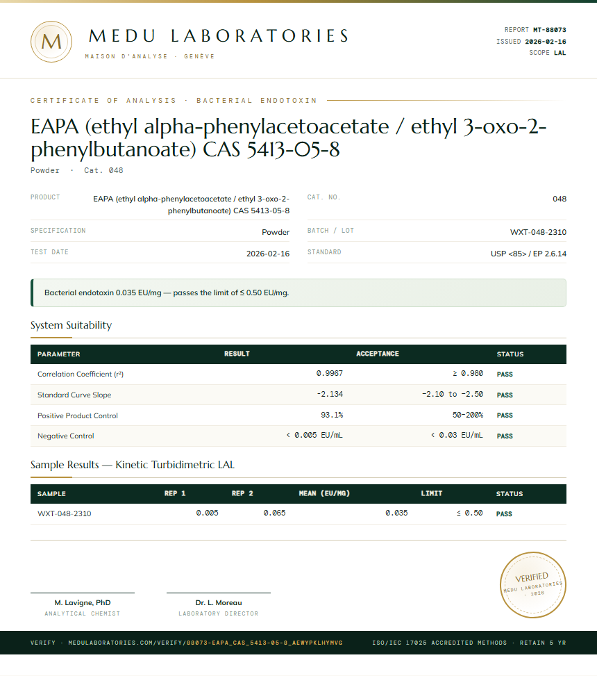 EAPA (ethyl alpha-phenylacetoacetate / ethyl 3-oxo-2-phenylbutanoate) CAS 5413-05-8 Endotoxin report by Medu Laboratories