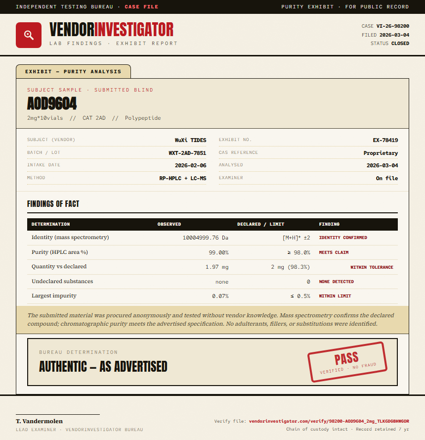 AOD9604 Purity (HPLC) report by VendorInvestigator
