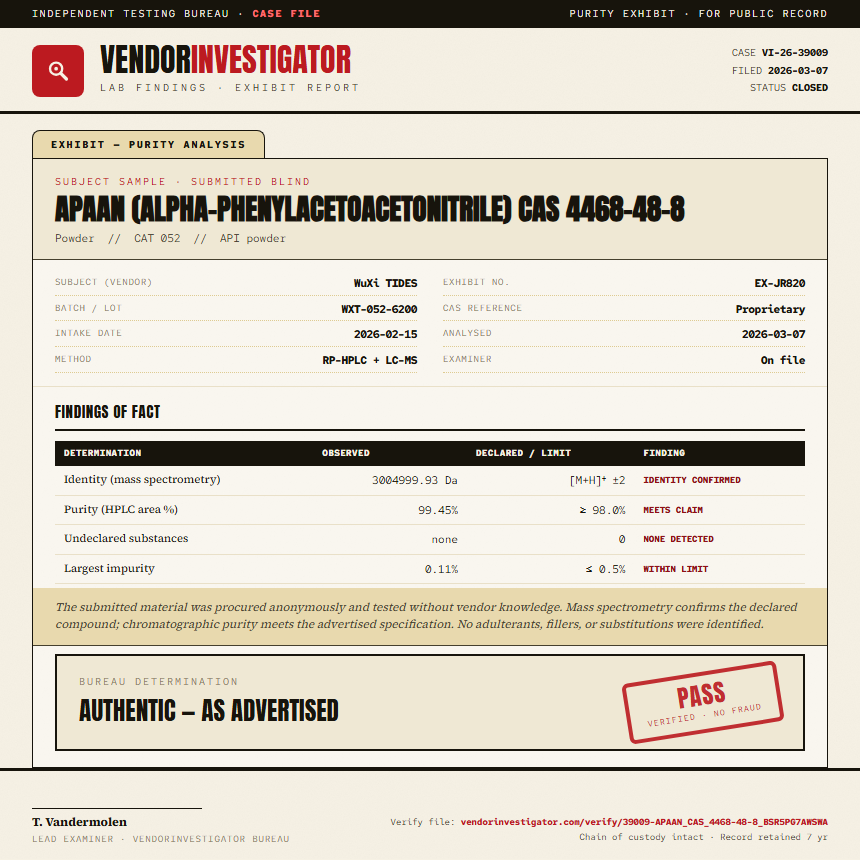 APAAN (alpha-phenylacetoacetonitrile) CAS 4468-48-8 Purity (HPLC) report by VendorInvestigator