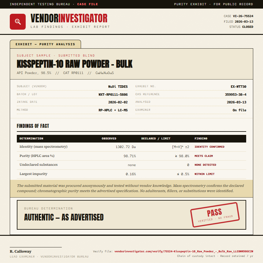 Kisspeptin-10 Raw Powder - Bulk Purity (HPLC) report by VendorInvestigator