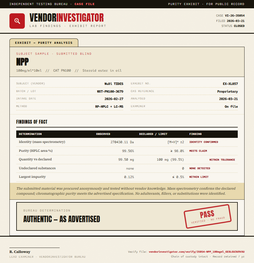 NPP Purity (HPLC) report by VendorInvestigator