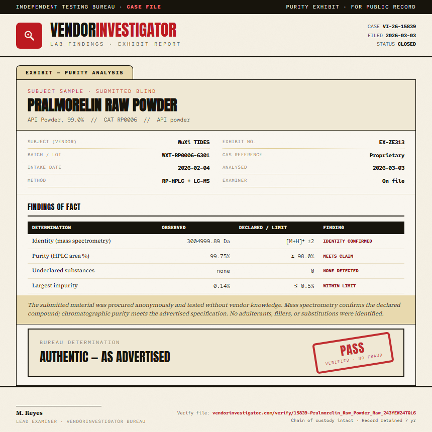 Pralmorelin Raw Powder Purity (HPLC) report by VendorInvestigator