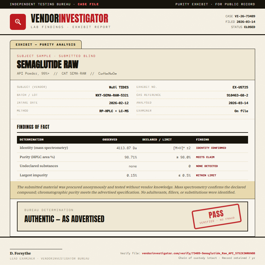 Semaglutide Raw Purity (HPLC) report by VendorInvestigator