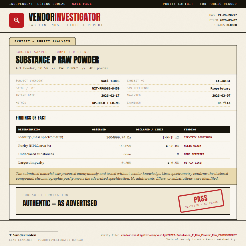 Substance P Raw Powder Purity (HPLC) report by VendorInvestigator