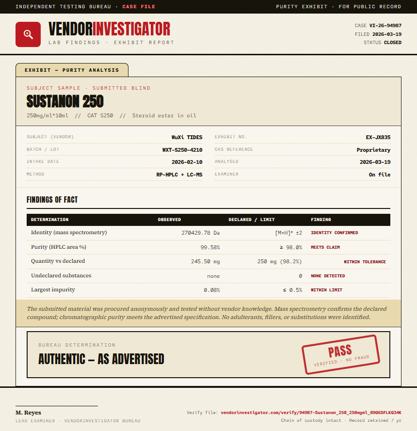Sustanon 250 Purity (HPLC) report by VendorInvestigator
