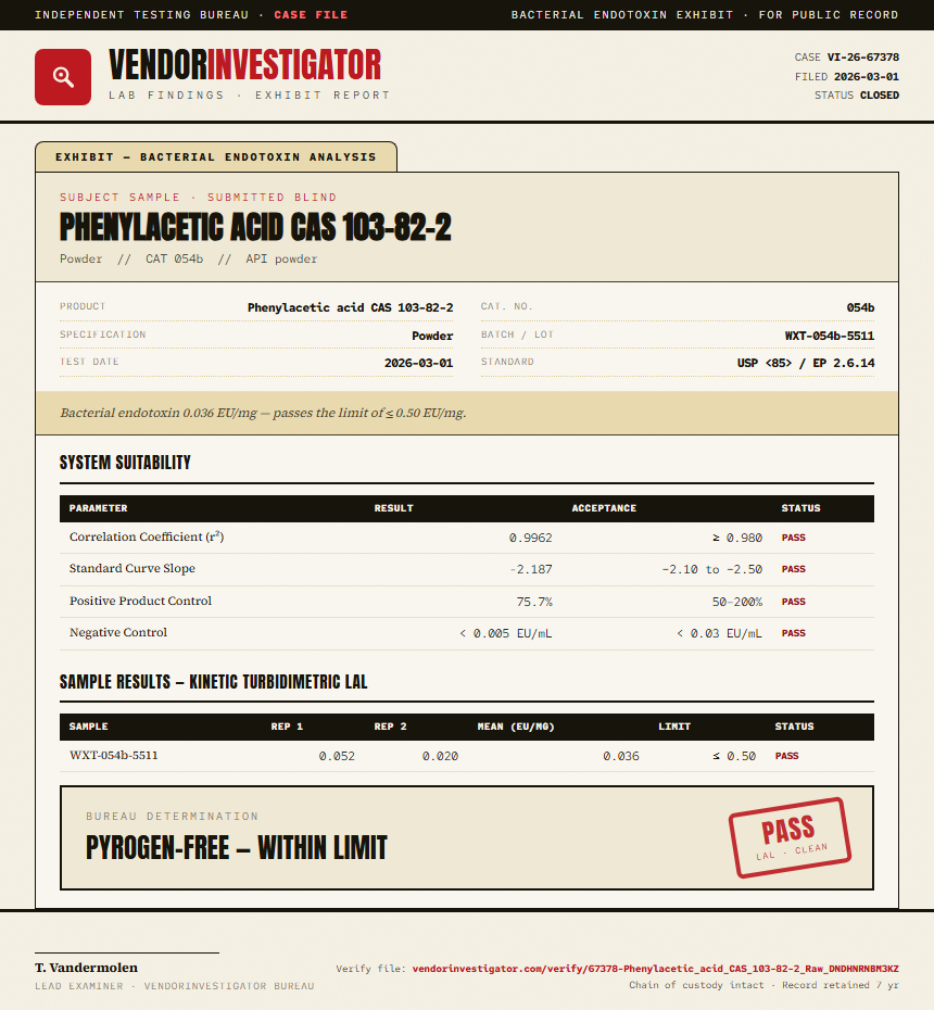 Phenylacetic acid CAS 103-82-2 Endotoxin report by VendorInvestigator
