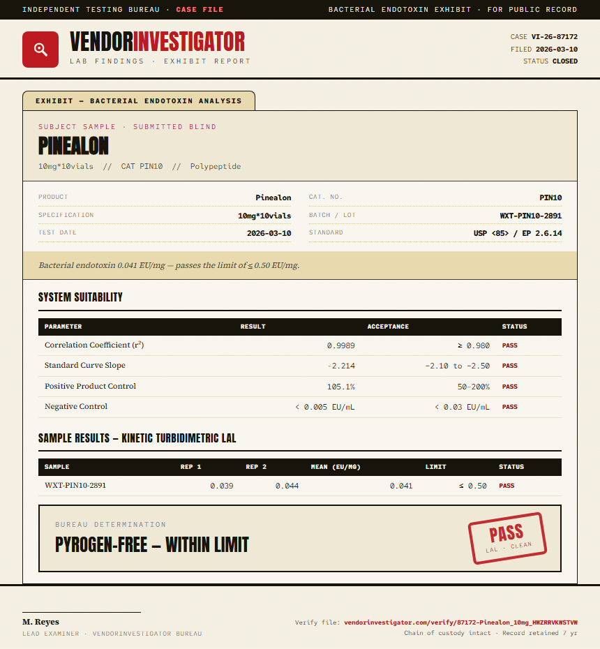 Pinealon Endotoxin report by VendorInvestigator