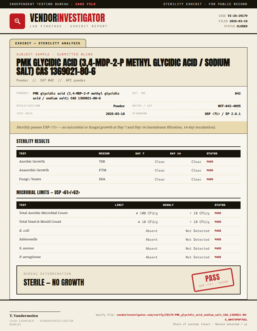 PMK glycidic acid (3,4-MDP-2-P methyl glycidic acid / sodium salt) CAS 1369021-80-6 Sterility report by VendorInvestigator
